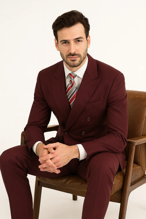 Double Breasted Suit in Burgundy
