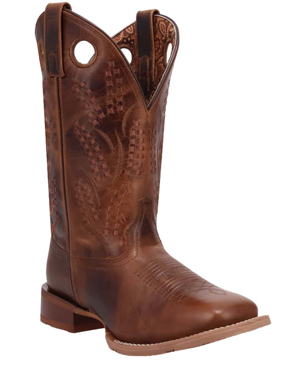Laredo Dream Weaver boot. Brown leather, tall, angled shaft, round toe. Decorative stitching and cut-outs. Beige sole, low stacked heel. Stylish and Western-inspired.