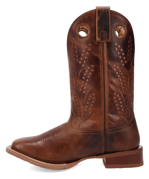 Laredo Dream Weaver women's boot. Tall brown leather shaft with pointed toe, smooth finish. Features decorative woven embroidery. Brown sole with slight heel and pull tabs.