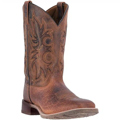 Laredo men's Durant boot: Tall, brown distressed leather with wide opening and pointed toe. Decorative stitching on shaft. Rubberized sole with slight heel.