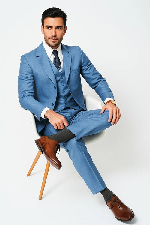 Sharkskin Textured 3-Piece Steel Blue - Dusty Blue Suit