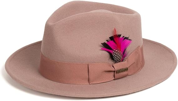 Gangster 100% Australian Wool Crushable Mens Fedora Hat - Removable Feather Gangster Dusty Pink Mens Fedora Hat