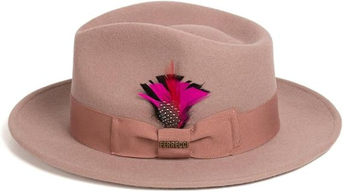 Gangster 100% Australian Wool Crushable Mens Fedora Hat - Removable Feather Gangster Dusty Pink Mens Fedora Hat