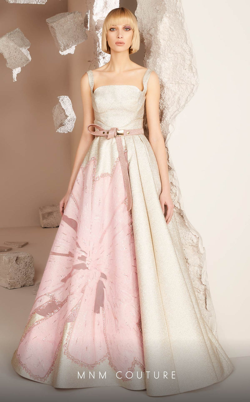 Floral Gold A-Line Gown with Square Neck & Belt by MNM Couture