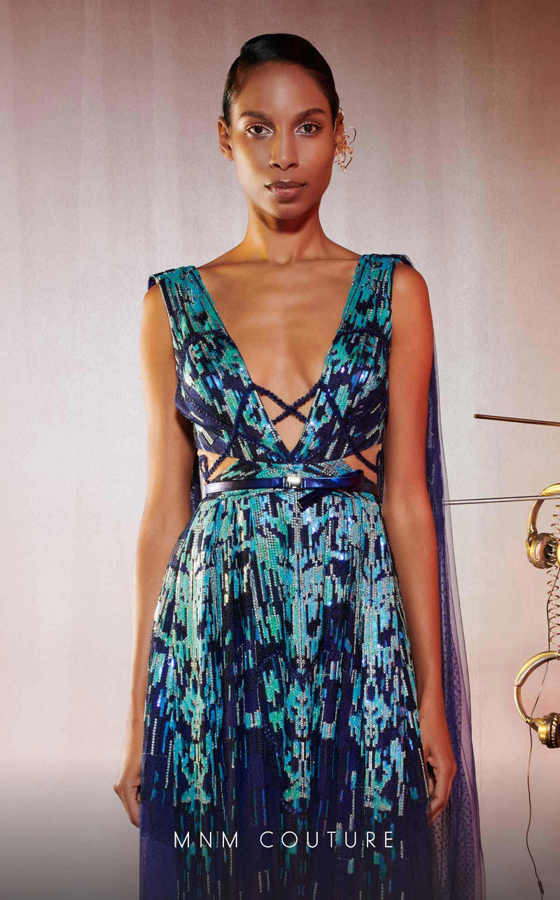 MNM Couture E0044 Blue Embroidered V-Neck Gown with Flared Skirt