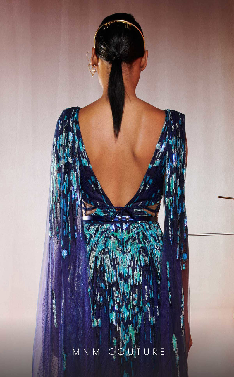 MNM Couture E0044 Blue Embroidered V-Neck Gown with Flared Skirt