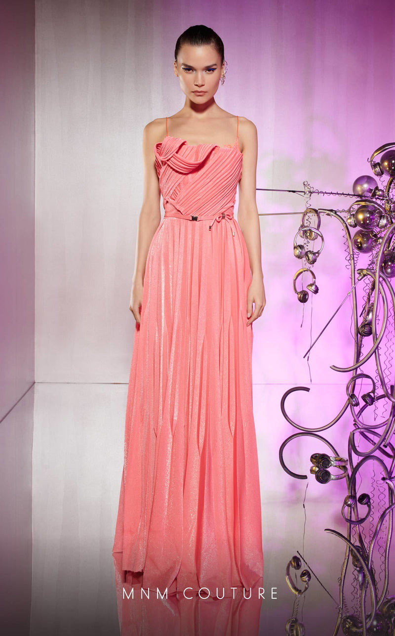 MNM Couture E0045 Strapless Metallic Pink Plissé Gown with Draped Corset