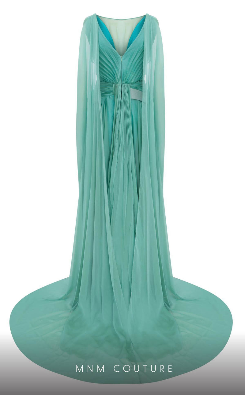 MNM Couture E0061 Coral Pleated Evening Gown with Cape Sleeves