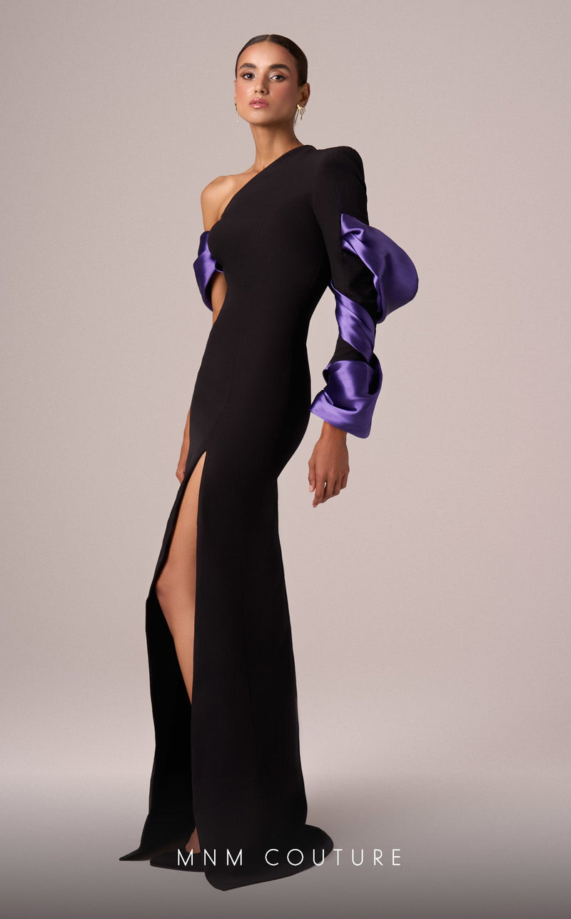 MNM Couture E0067 Asymmetrical Gown in Black/Purple