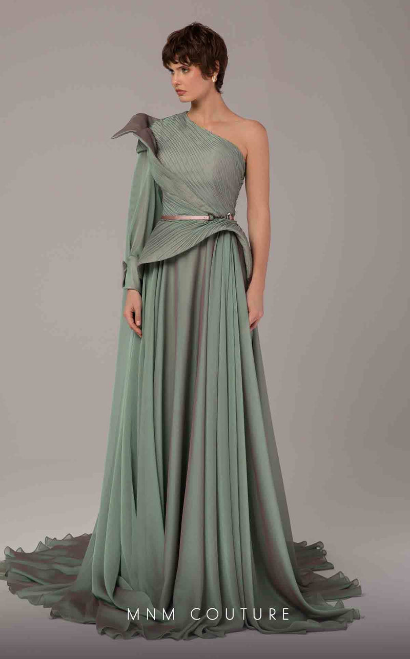 MNM Couture E0097 Green One-Shoulder Long Evening Gown
