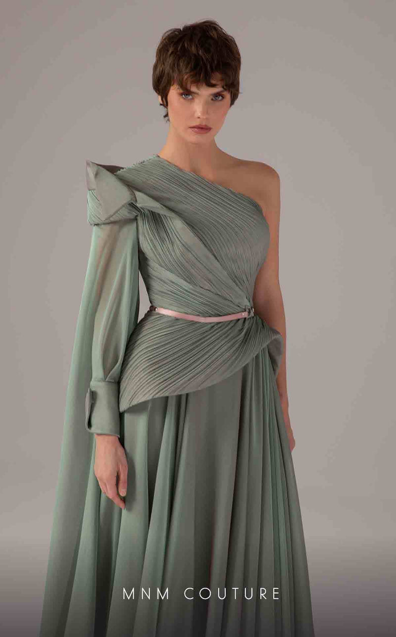 MNM Couture E0097 Green One-Shoulder Long Evening Gown