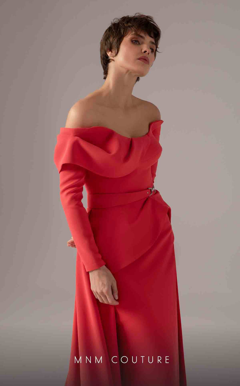 MNM Couture E0099 Coral Off-Shoulder Long Sleeve Gown