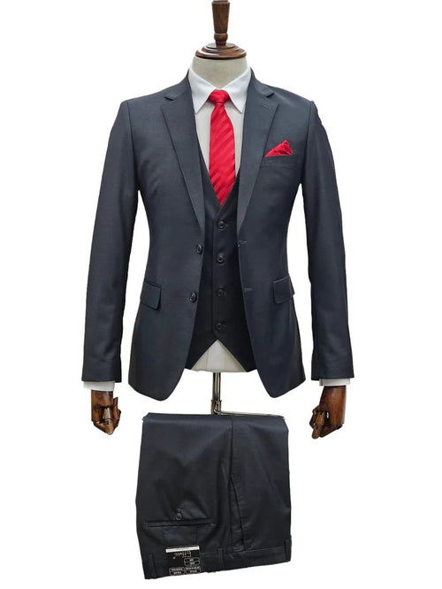 Mens Giovanni Testi Charcoal 3 Piece Suit – 2 Button Closure, Classic Notch Lapel, Flex Waist Pants
