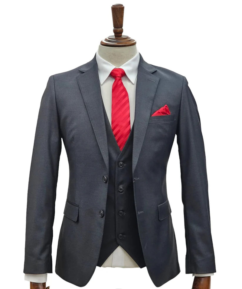 Mens Giovanni Testi Charcoal 3 Piece Suit – 2 Button Closure, Classic Notch Lapel, Flex Waist Pants
