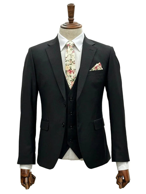 Mens Giovanni Testi 3 Piece Suit in Black – Notch Lapel 2 Button Jacket with Side Vents & Comfort Flex Waist Pants