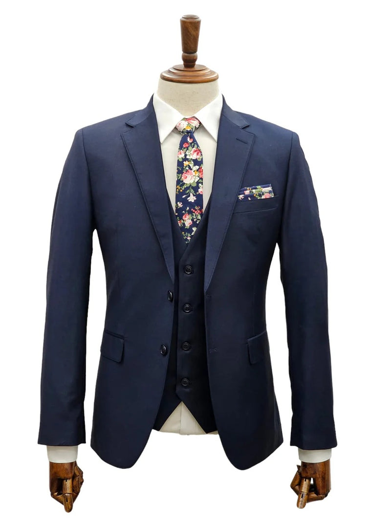 Mens Giovanni Testi Navy 3 Piece Suit – Modern Fit 2 Button Notch Lapel, Side Vents, Flex Waist Trousers