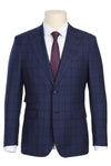 Mens Plaid Suit - Patterned Business Suit - Mens Designer Two Button Slim Fit Peak Lapel Suit In Navy Blue Overcheck Plaid
