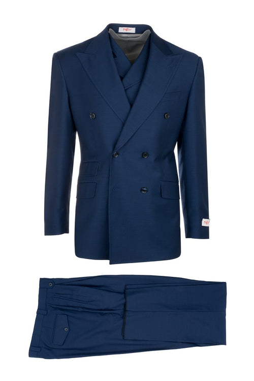 Tiglio Italian suit: Double-breasted dark navy blazer with 2 rows of buttons & 4 front pockets. Matching tailored trousers. Smooth, subtly sheen material.