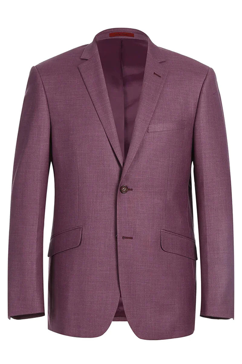 The men's two-button slim fit two-piece suit by Alberto Nardoni features a tailored jacket with a notched lapel in a rich purple color. The jacket has two front pockets and a single-button closure, showcasing a smooth fabric texture. The interior is lined, complementing the exterior shade.