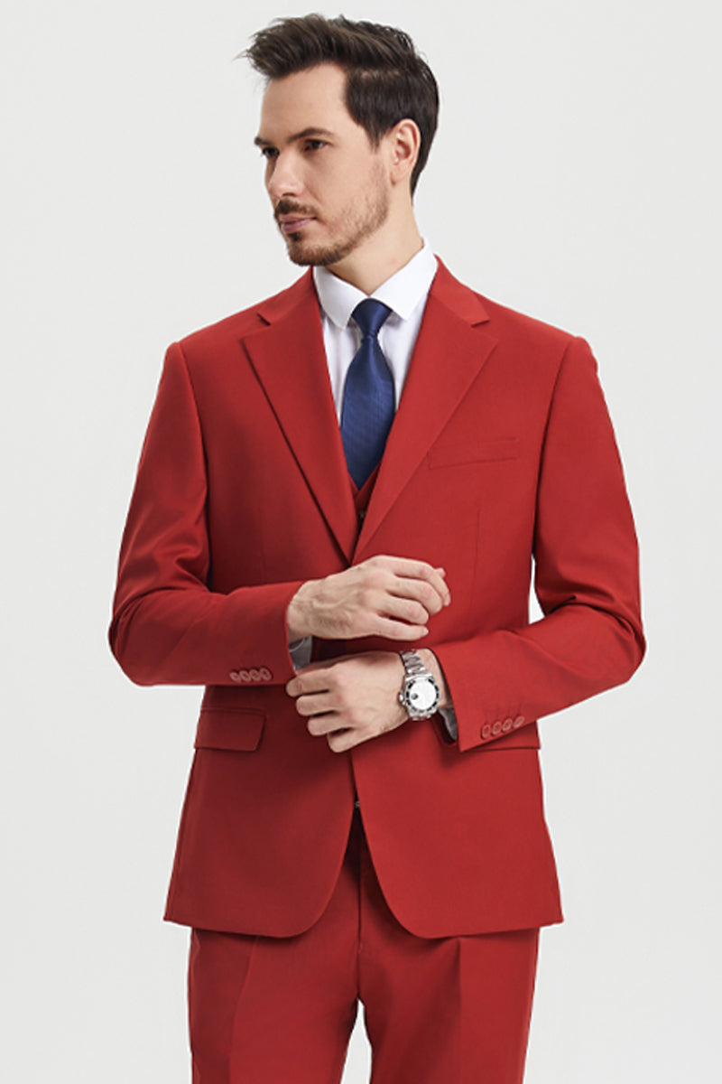 Stacy Adams men's two-button vested suit in brick. Structured blazer with notched lapel, flap pockets, and fitted design. Likely polyester/wool blend fabric.