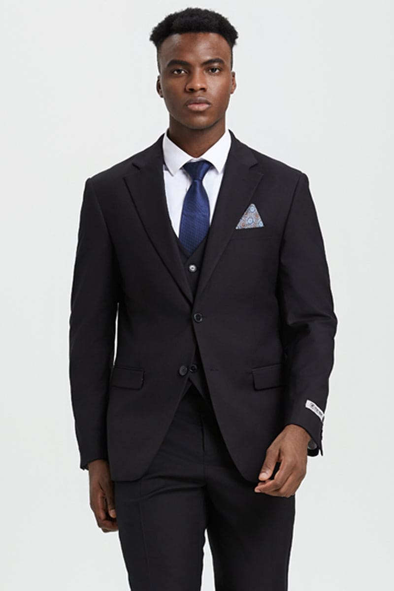 "Mens Stacy Adams Suit - Stacy Adams Suit Men's Designer Two Button Vested Basic Suit - Black"