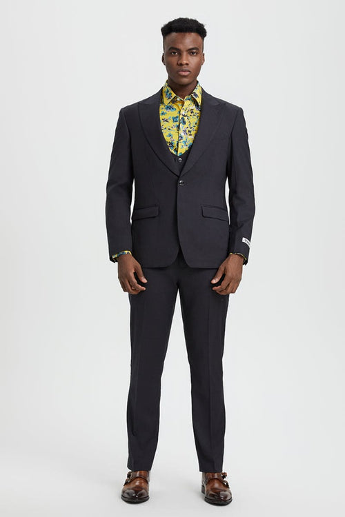 Mens Stacy Adams Suit - Stacy Adams Suit Men's Designer Suit - Charcoal, One Button Peak Lapel with Vest