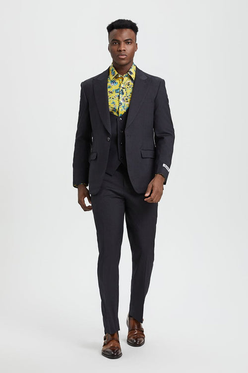 Mens Stacy Adams Suit - Stacy Adams Suit Men's Designer Suit - Charcoal, One Button Peak Lapel with Vest