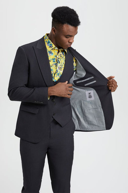 Mens Stacy Adams Suit - Stacy Adams Suit Men's Designer Suit - Charcoal, One Button Peak Lapel with Vest
