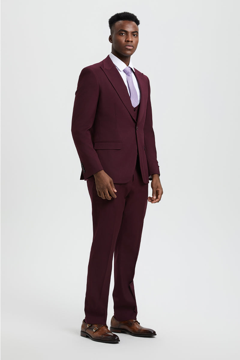 Men's Vested One Button Peak Lapel Stacy Adams Designer Suit in Burgundy
