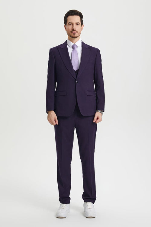 "Mens Stacy Adams Suit - Stacy Adams Suit Men's Designer Suit - Vested One Button Peak Lapel in Eggplant"