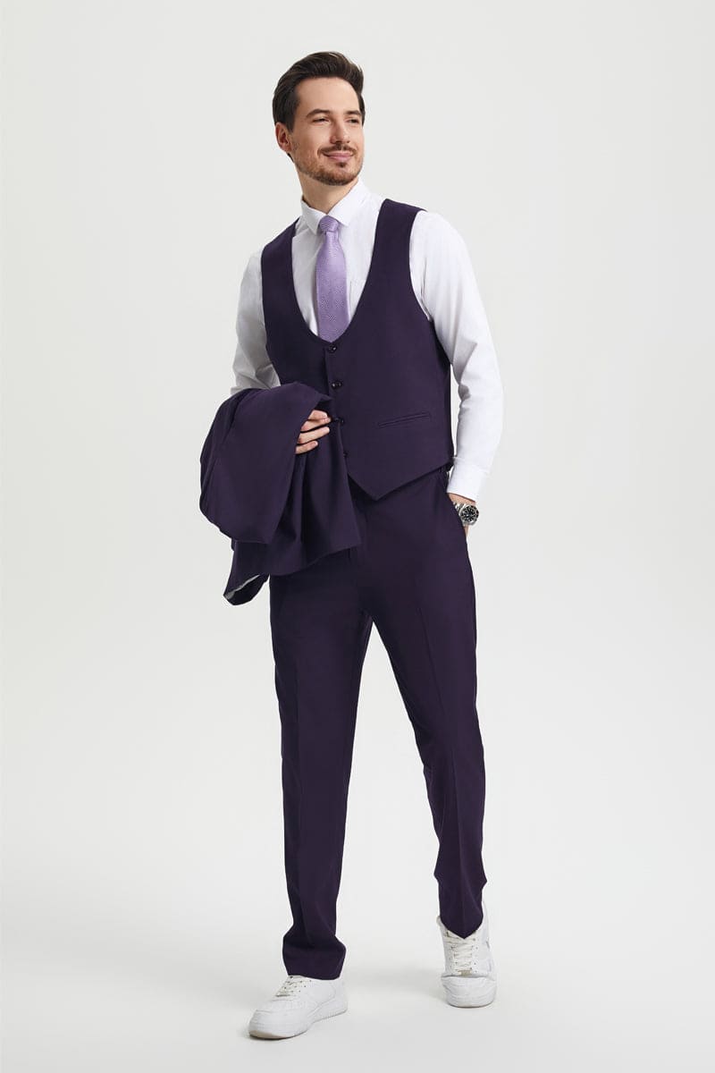 Mens Stacy Adams Suit - Stacy Adams Suit Men's Designer Suit - Vested One Button Peak Lapel in Eggplant