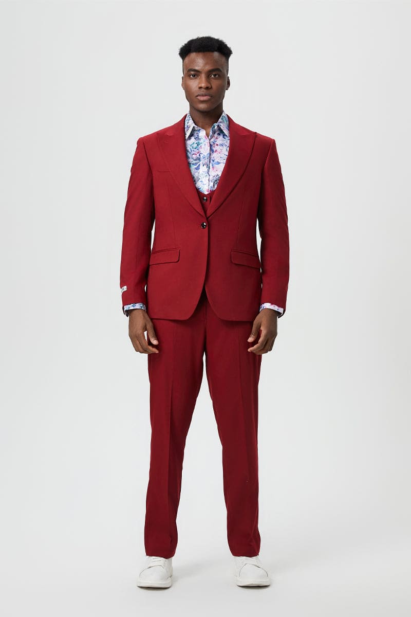 Mens Stacy Adams Suit - Stacy Adams Suit Men's Designer Suit - Cherry Red, One Button Peak Lapel with Vest