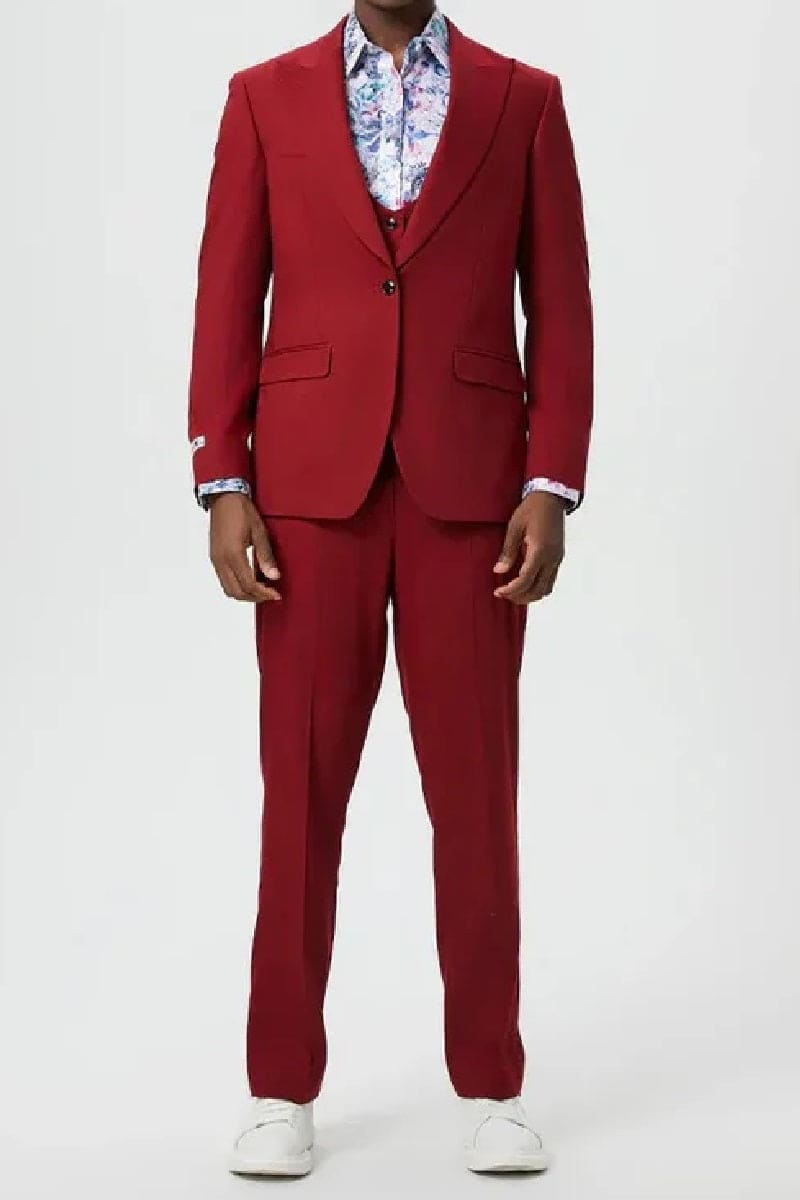 "Mens Stacy Adams Suit - Stacy Adams Suit Men's Designer Suit - Cherry Red, One Button Peak Lapel with Vest"