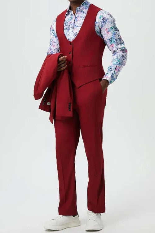 "Mens Stacy Adams Suit - Stacy Adams Suit Men's Designer Suit - Cherry Red, One Button Peak Lapel with Vest"