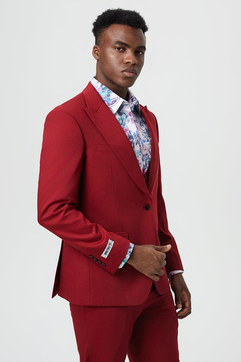Mens Stacy Adams Suit - Stacy Adams Suit Men's Designer Suit - Cherry Red, One Button Peak Lapel with Vest