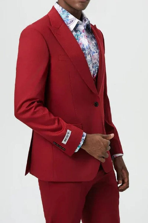 "Mens Stacy Adams Suit - Stacy Adams Suit Men's Designer Suit - Cherry Red, One Button Peak Lapel with Vest"