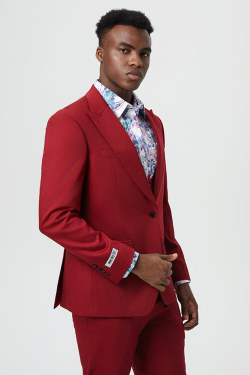 Men's Vested One Button Peak Lapel Stacy Adams Designer Suit in Cherry Red