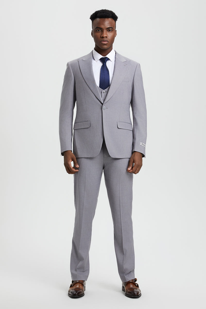 Men's Vested One Button Peak Lapel Stacy Adams Designer Suit in Light Grey