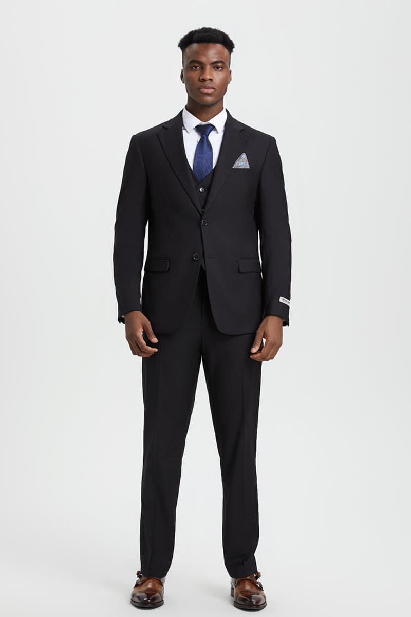 "Mens Stacy Adams Suit - Stacy Adams Suit Men's Designer Two Button Vested Basic Suit - Black"