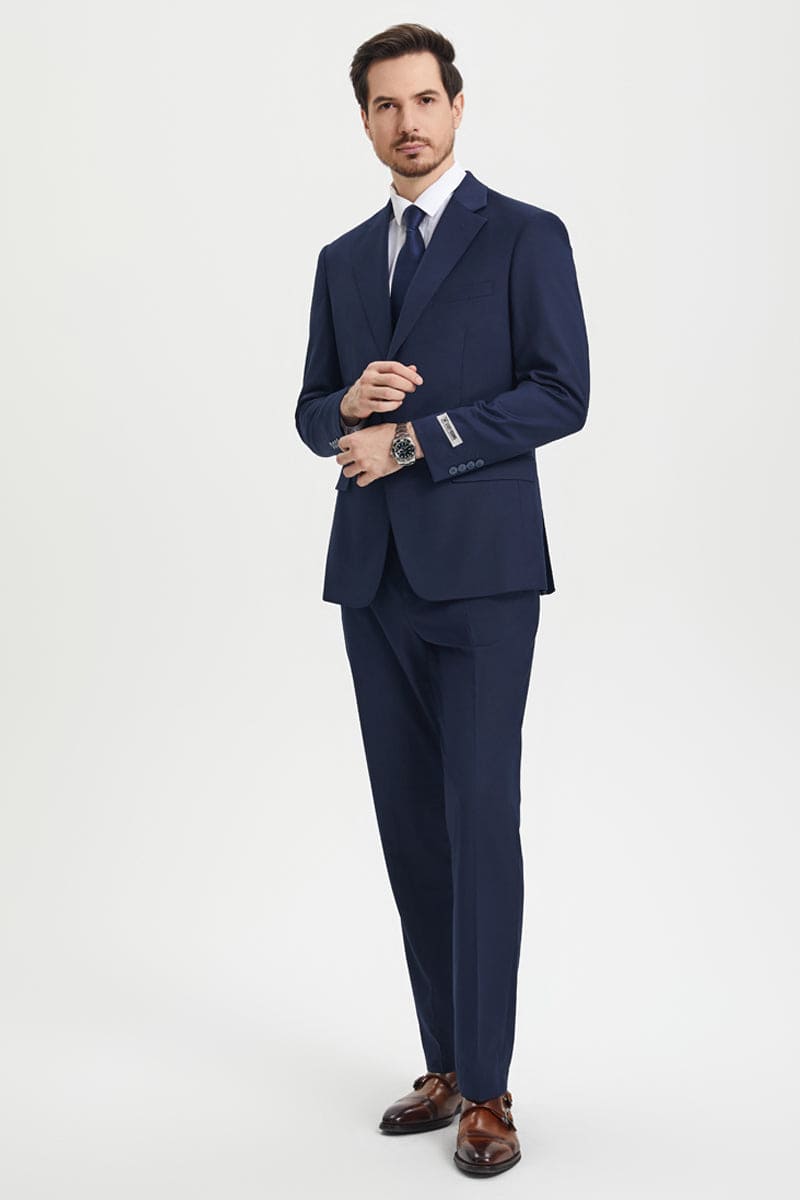 Men's Two Button Vested Stacy Adams Designer Sharkskin Suit in Blue