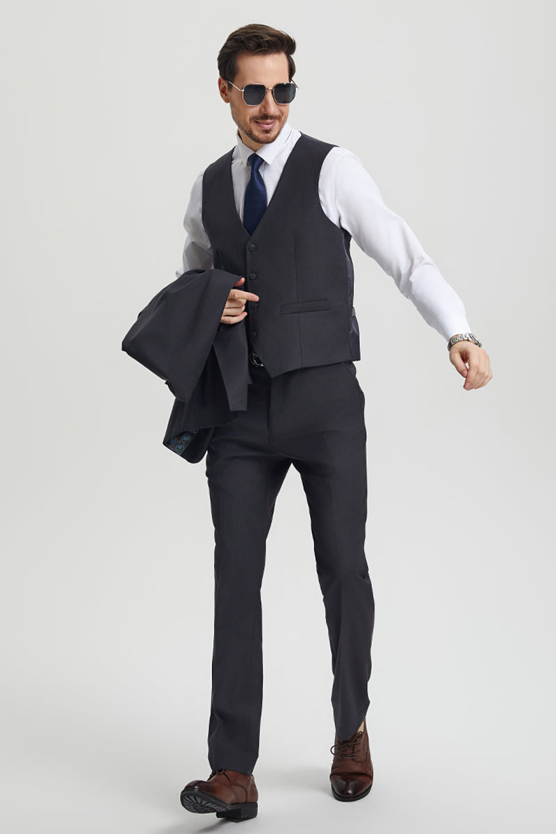 Men's Two Button Vested Stacy Adams Basic Designer Suit in Charcoal Grey