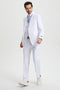 Stacy Adams white two-button suit for men: tailored jacket, fitted vest, straight-leg pants. Smooth fabric, no patterns. Streamlined, closely fitted silhouette.