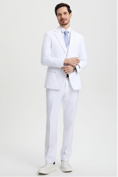 Stacy Adams white two-button suit for men. Tailored fit, structured shoulders, notched lapel, and straight-leg trousers. Includes a vest, offering a cohesive and lightweight look.