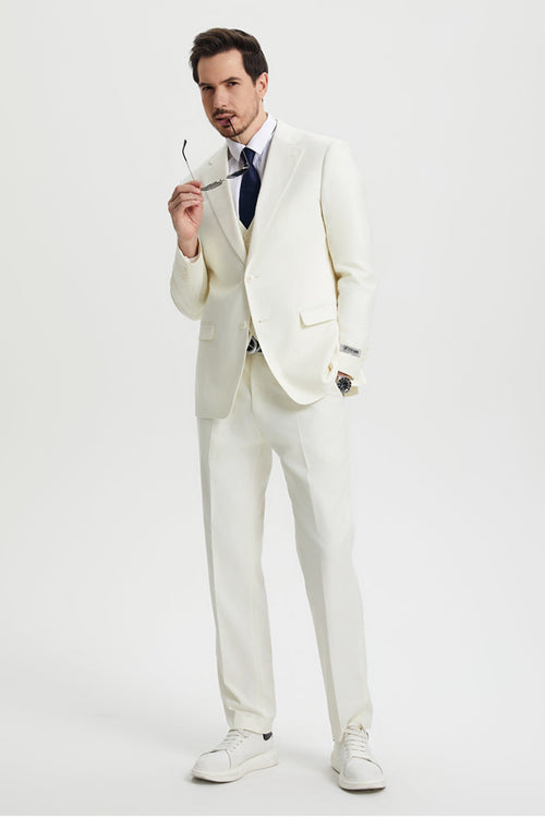 Men's Two Button Vested Stacy Adams Basic Designer Suit in Ivory Off White