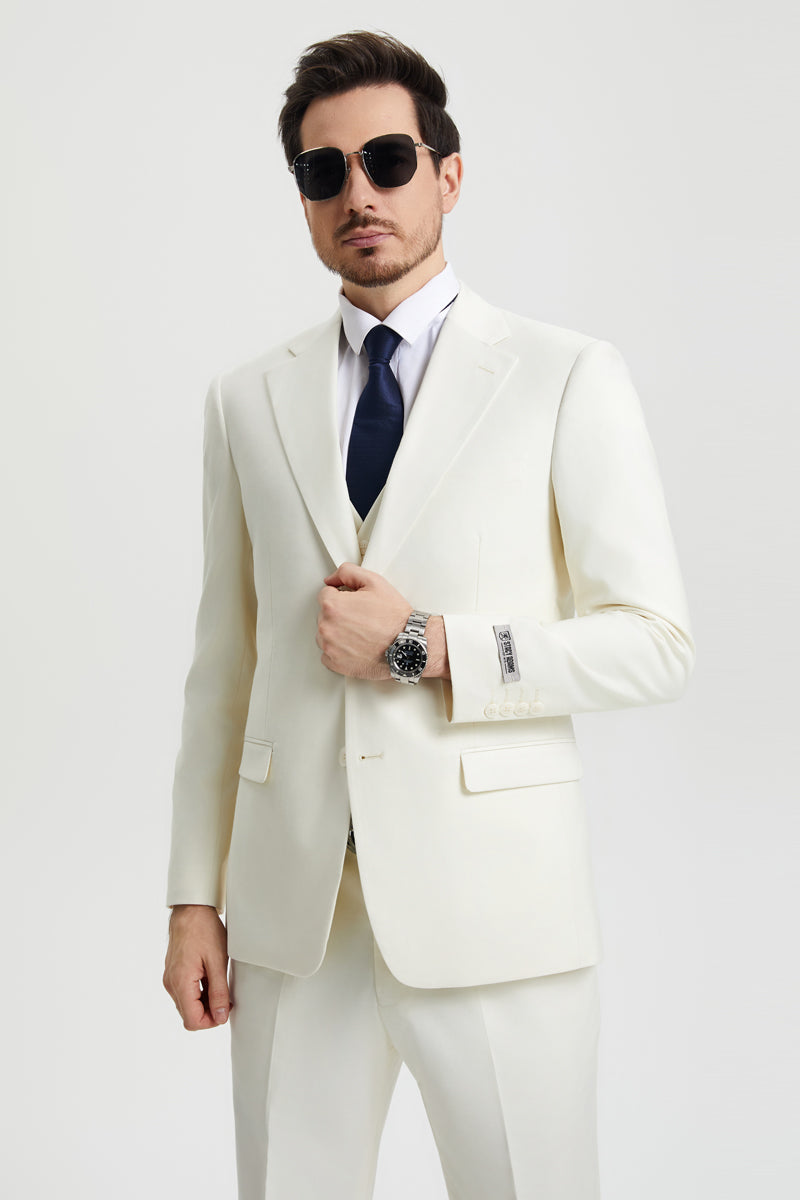 Men's Two Button Vested Stacy Adams Basic Designer Suit in Ivory Off White