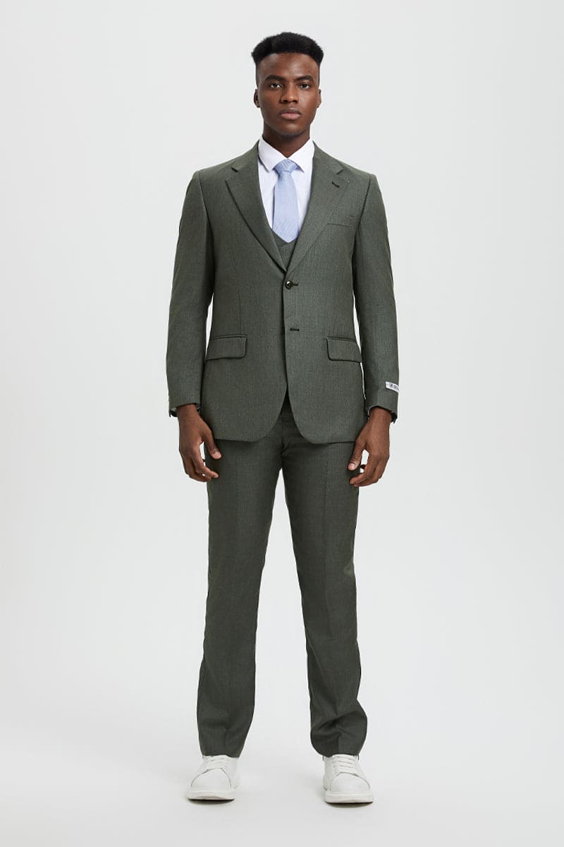 "Mens Stacy Adams Suit - Stacy Adams Suit Men's Sharkskin Suit - Olive Green, Two Button Vested Design"