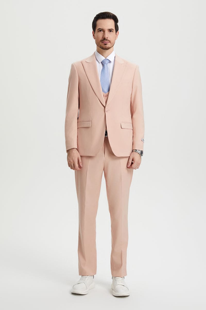 Mens Stacy Adams Suit - Stacy Adams Suit Men's Designer Suit - Beige, Vested One Button Peak Lapel