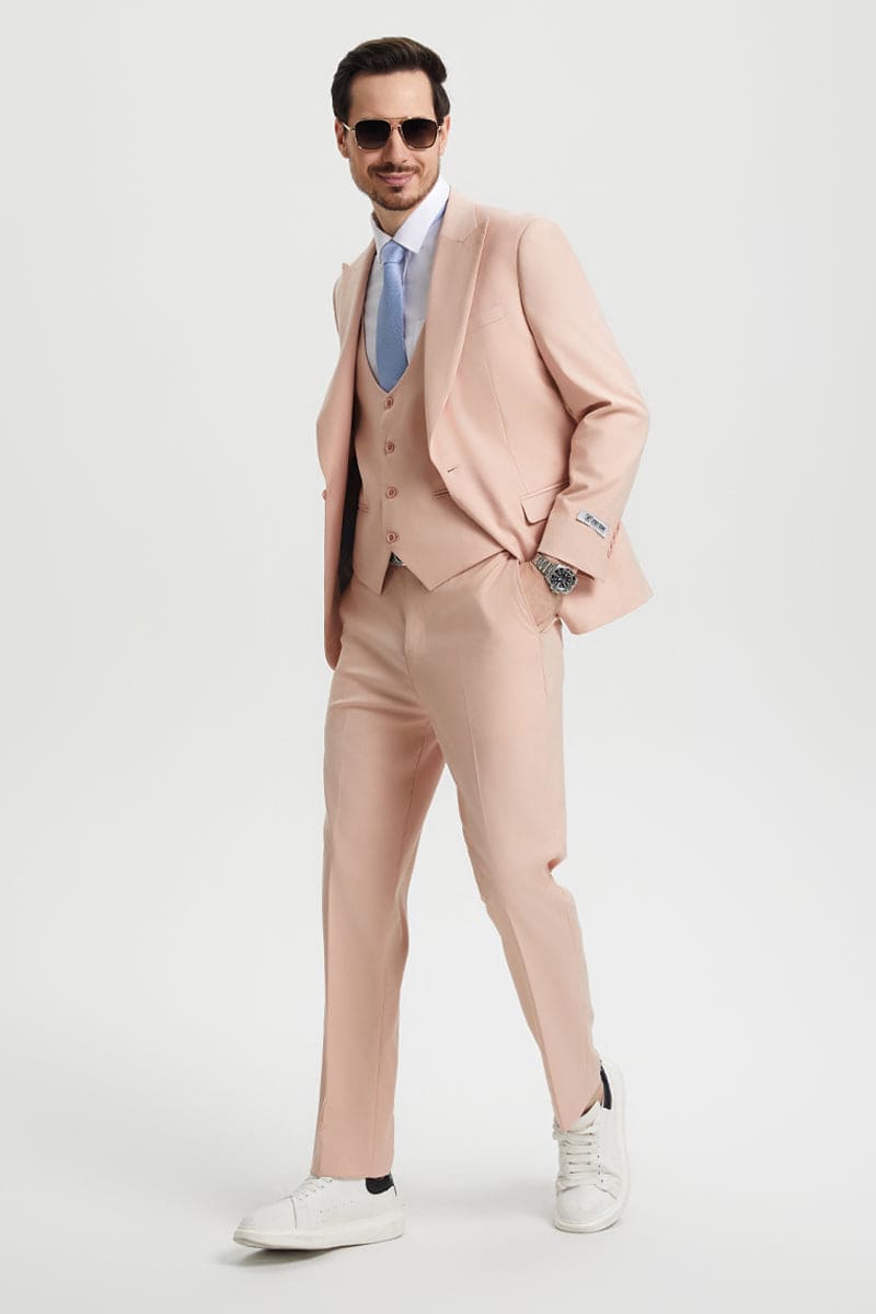 Mens Stacy Adams Suit - Stacy Adams Suit Men's Designer Suit - Beige, Vested One Button Peak Lapel