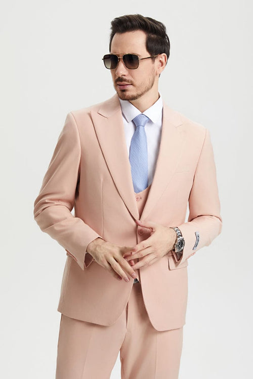 Mens Stacy Adams Suit - Stacy Adams Suit Men's Designer Suit - Beige, Vested One Button Peak Lapel