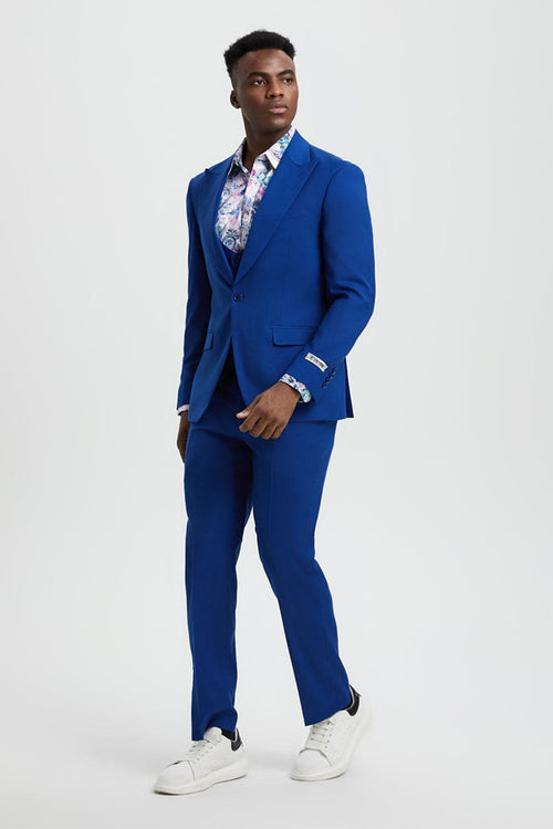 "Mens Stacy Adams Suit -Stacy Adams Suit Men's Indigo Blue Vested One Button Peak Lapel Suit"